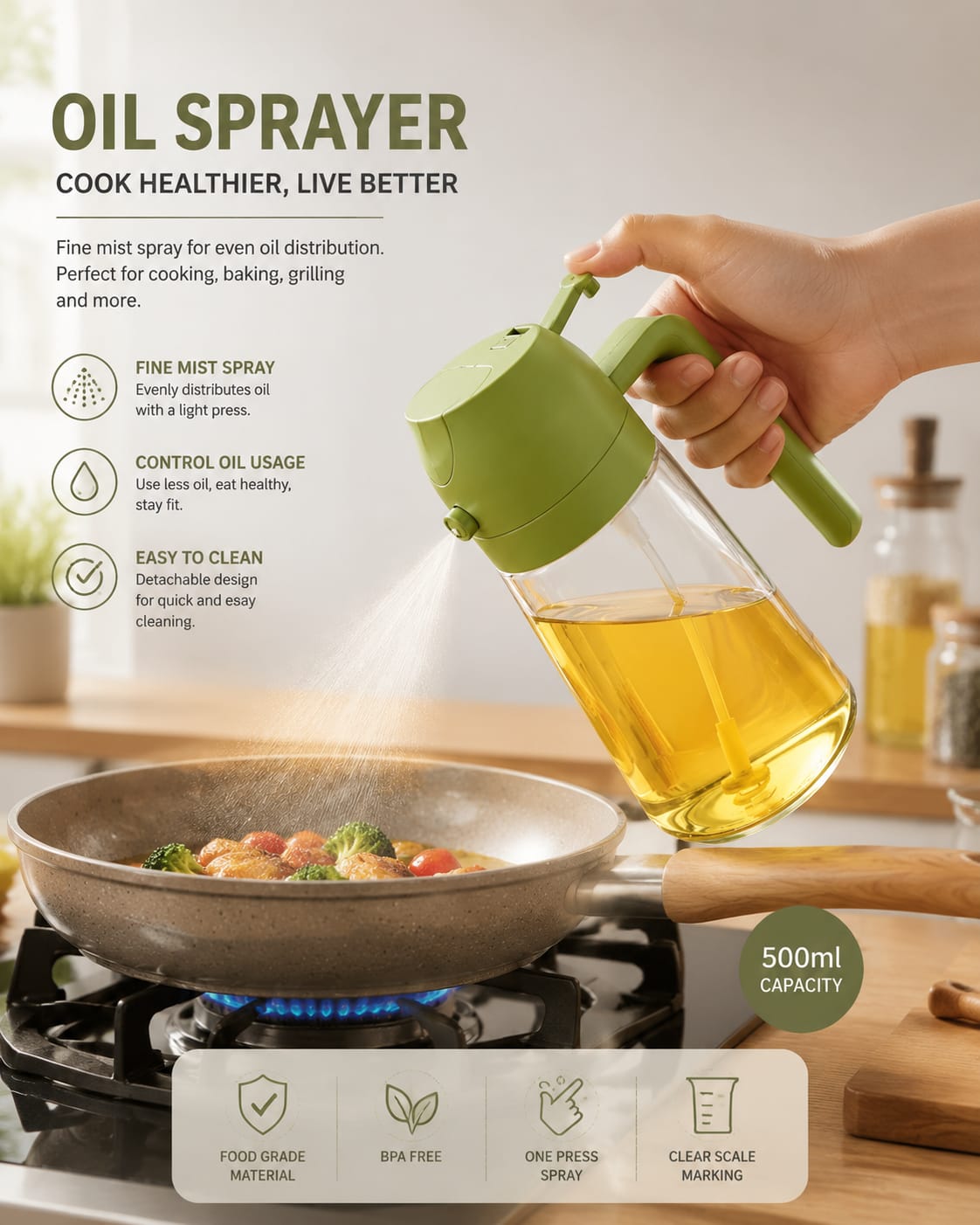 500ml 2-in-1 olive oil sprayer & oil dispenser bottle | Multipurpose Bottle