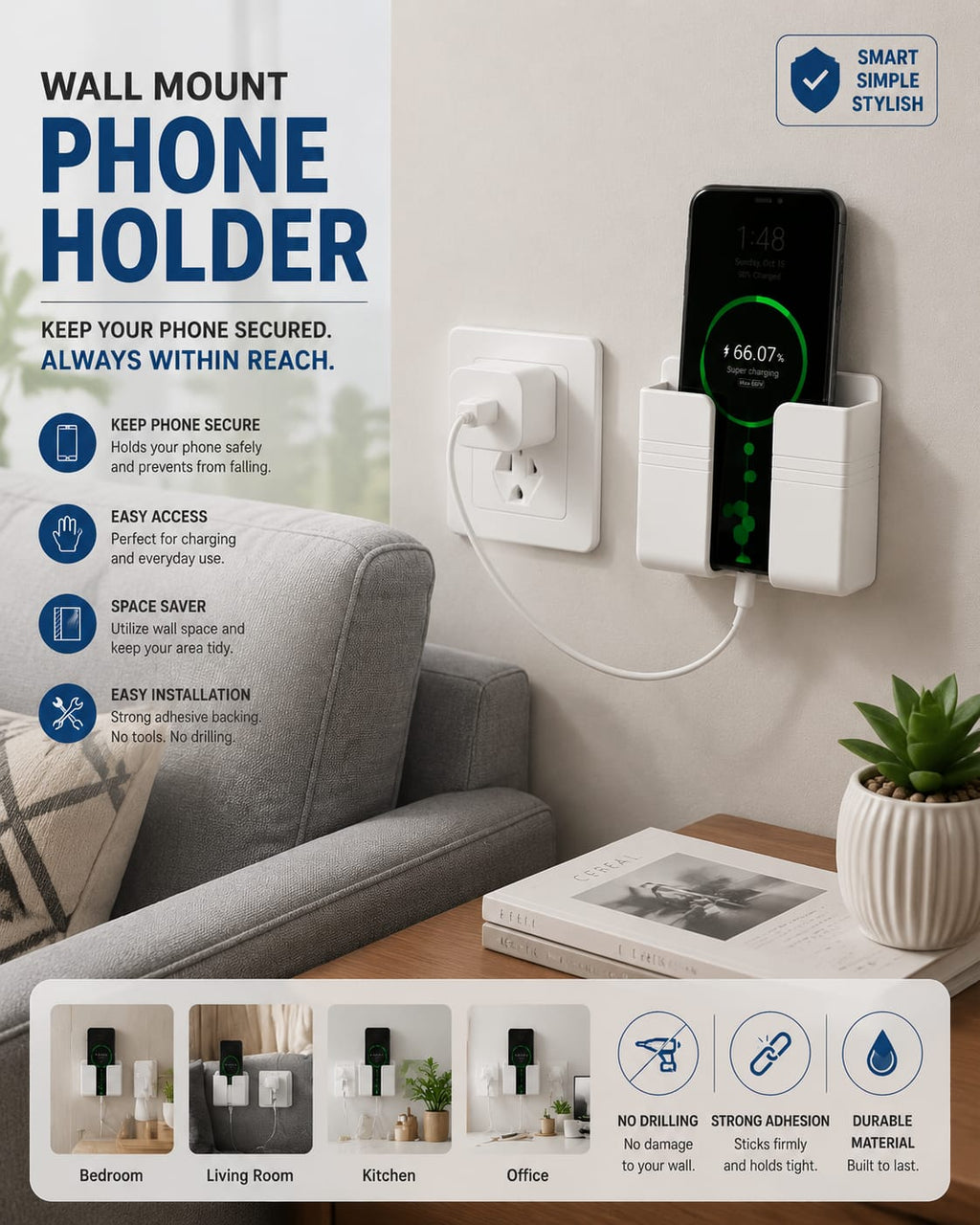 Universal Mobile Charging Stand & Phone Holder | Bedside + Wall Mount | Android & iPhone Compatible”