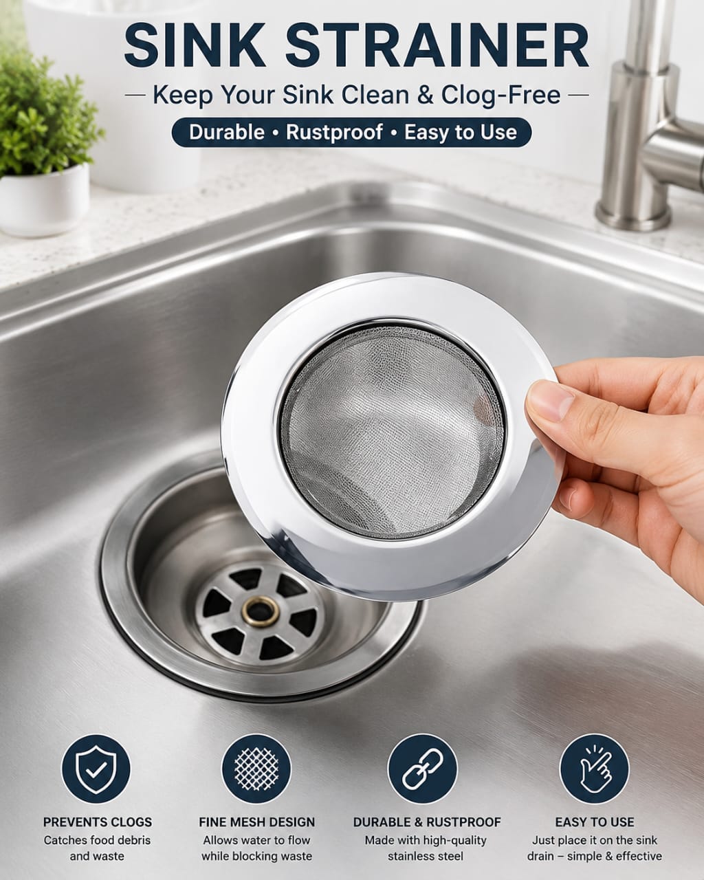 Stainless steel sink strainer – durable & easy to clean, pack of 1