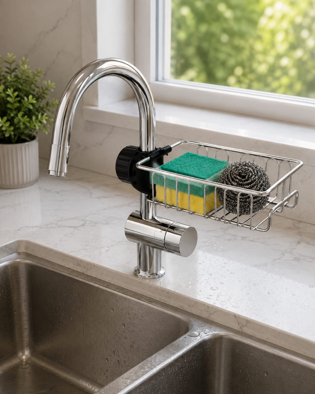 Stainless steel adjustable sink caddy – multifunctional sponge, soap & scrubber holder