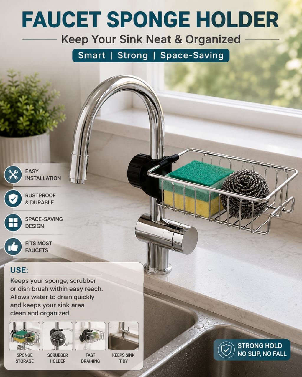 Stainless steel adjustable sink caddy – multifunctional sponge, soap & scrubber holder