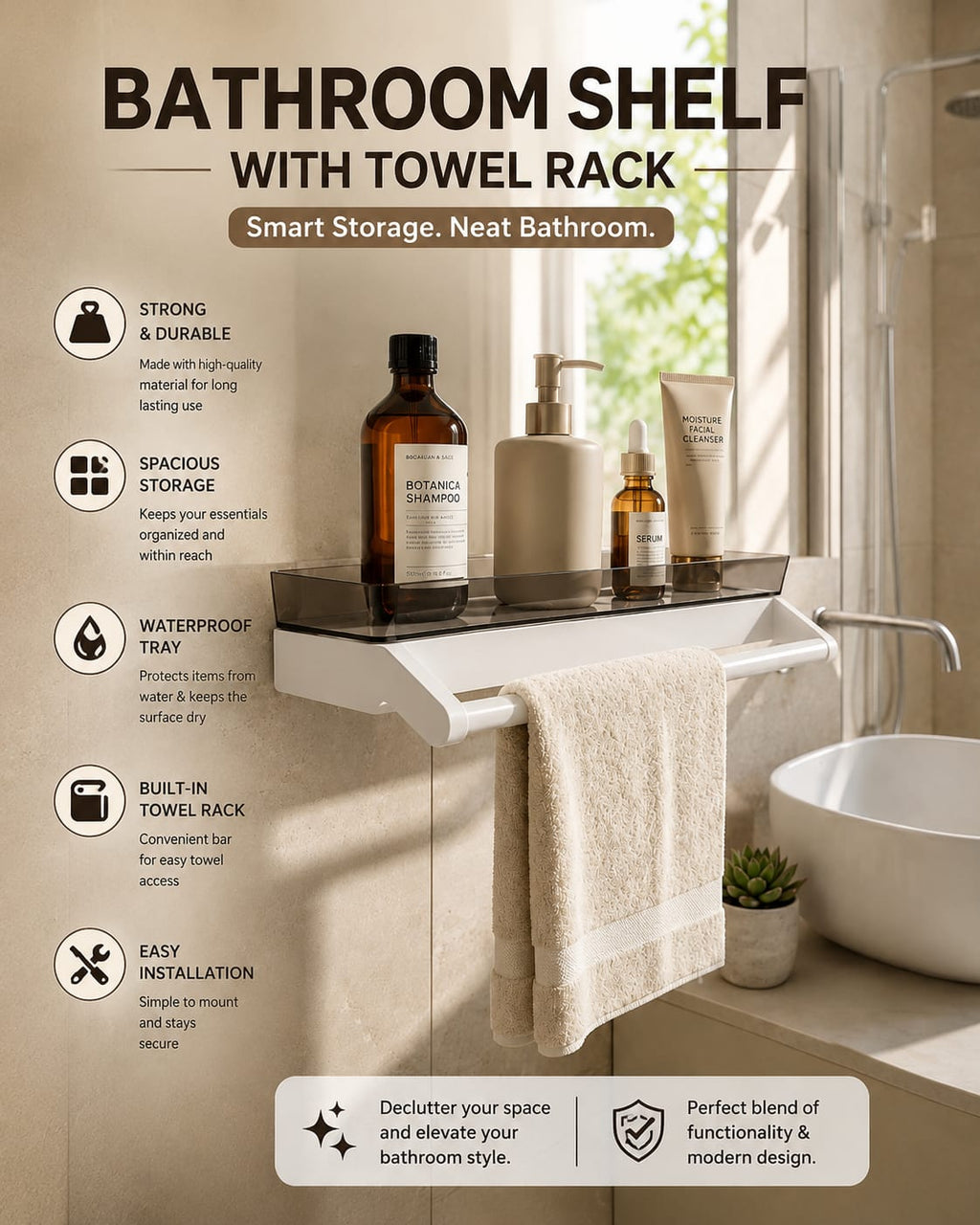 Bathroom Organizer with Towel Holder – No-Drill Wall Mounted Storage Rack