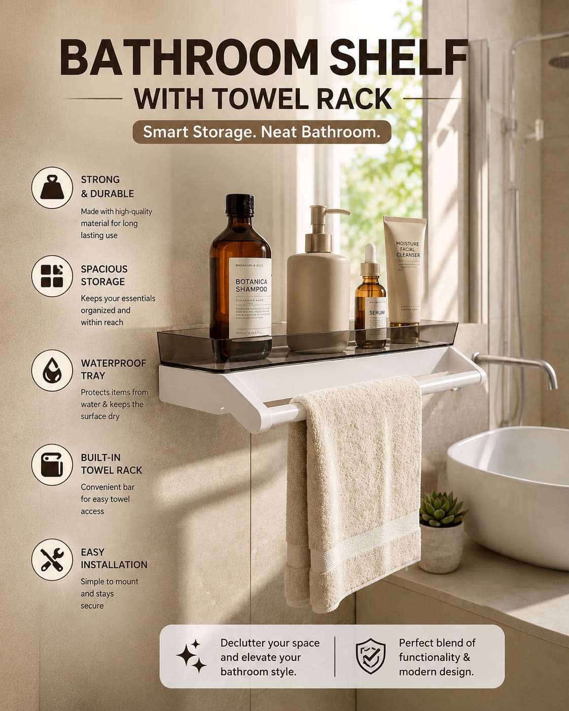 Bathroom Organizer with Towel Holder – No-Drill Wall Mounted Storage Rack