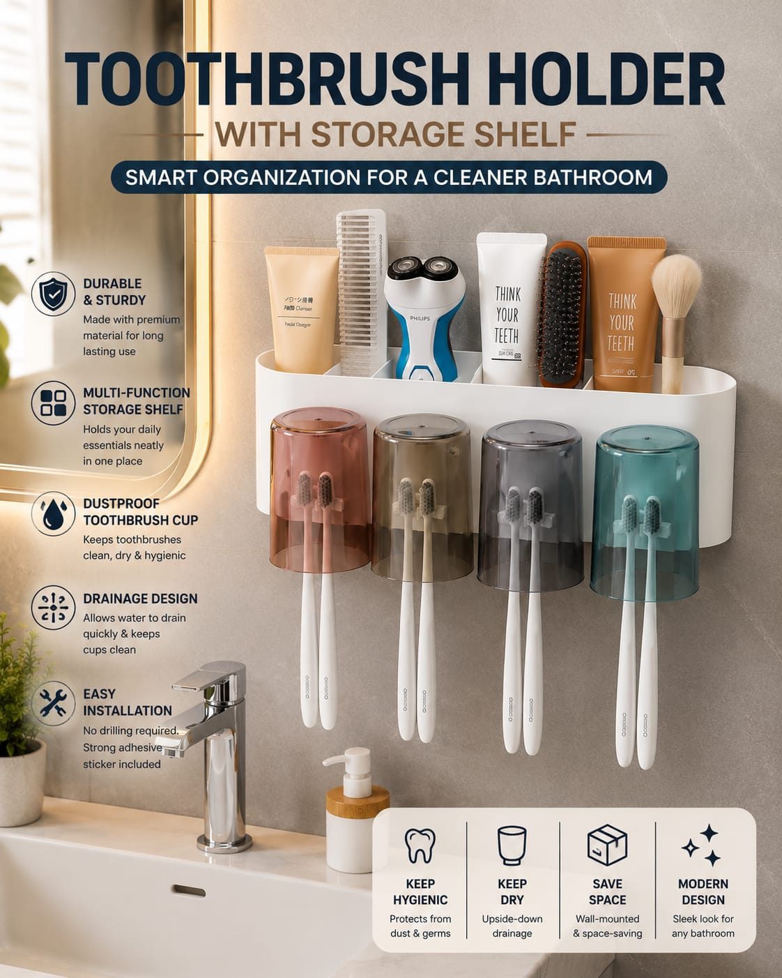 Multi-functional wall mounted toothbrush holder with 4 cups