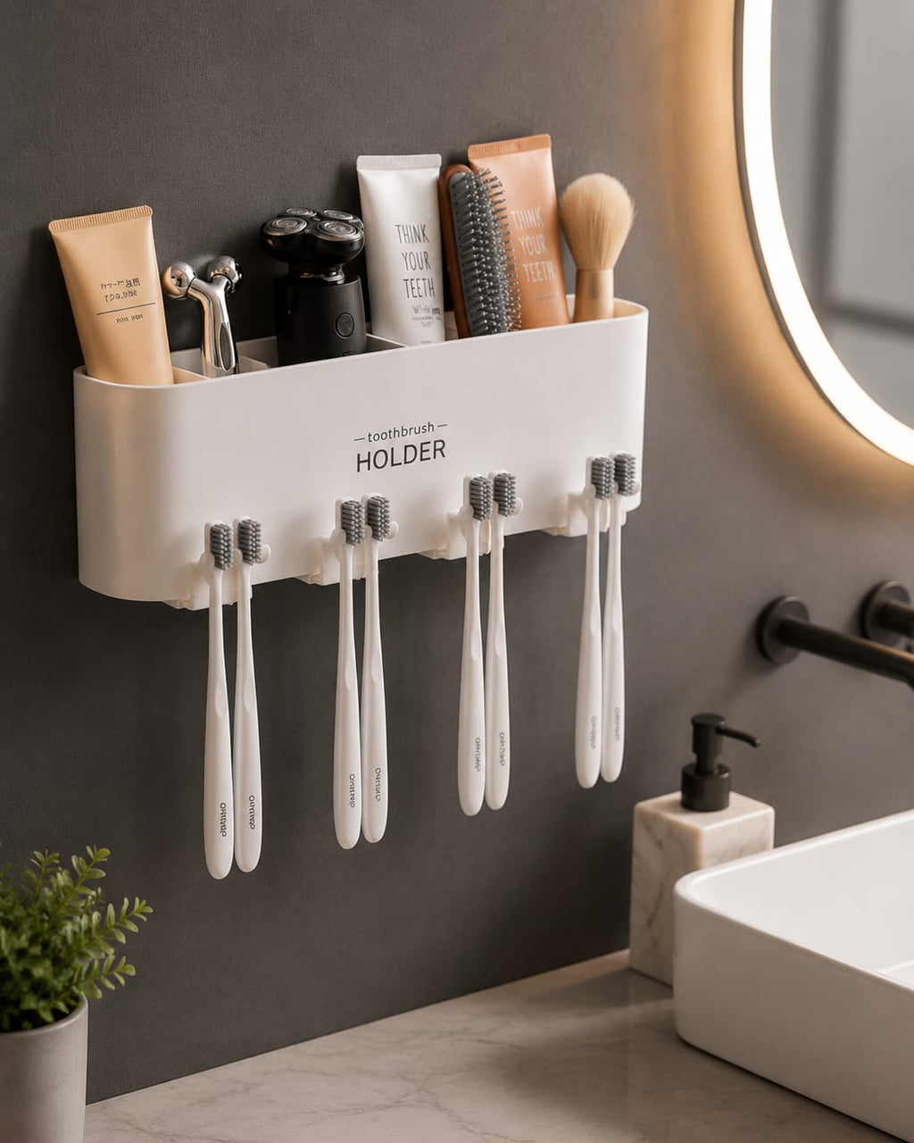 Multi-functional wall mounted toothbrush holder with 4 cups
