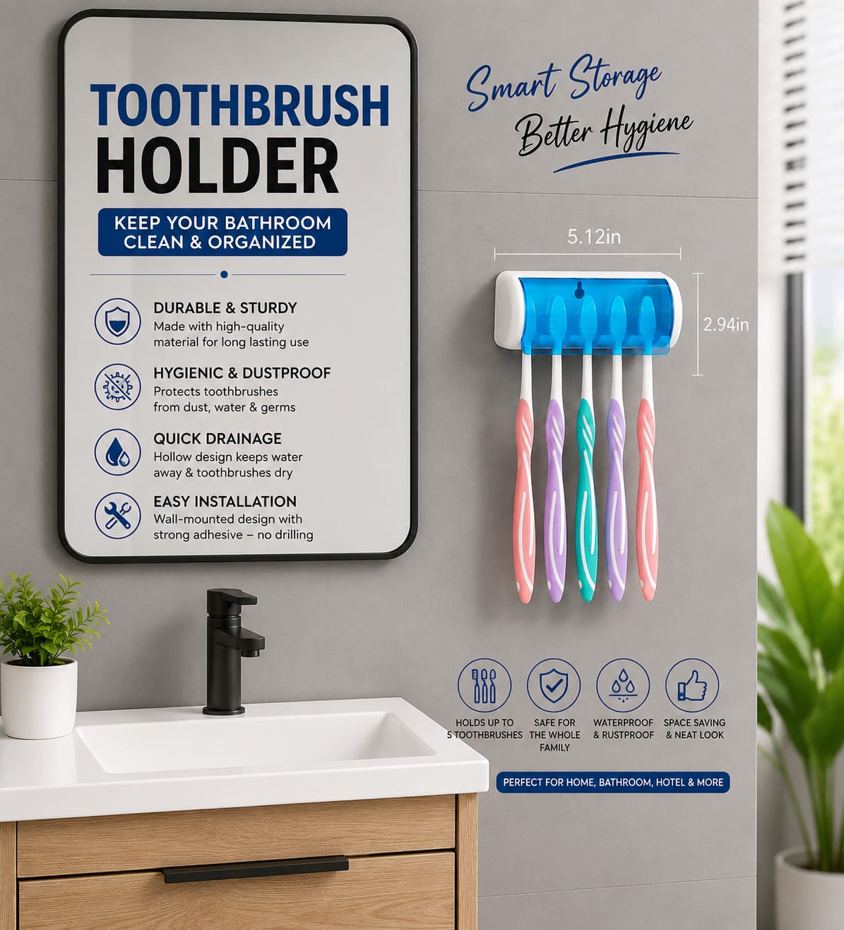 Smart Toothbrush Holder 5 Compartment Slot Holder