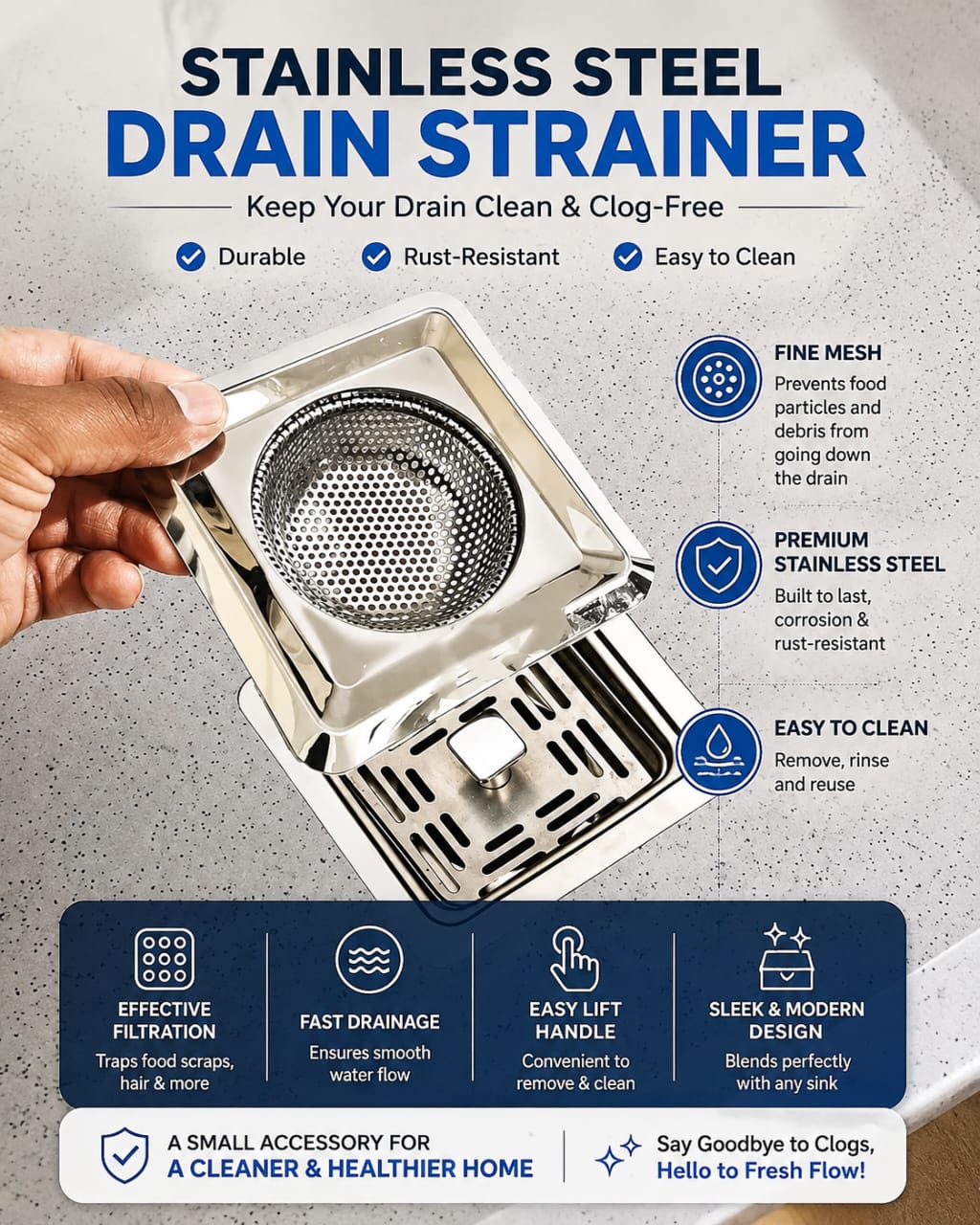 Spinfluencs Square Stainless Steel Sink Strainer Kitchen Drain Basin Basket Filter