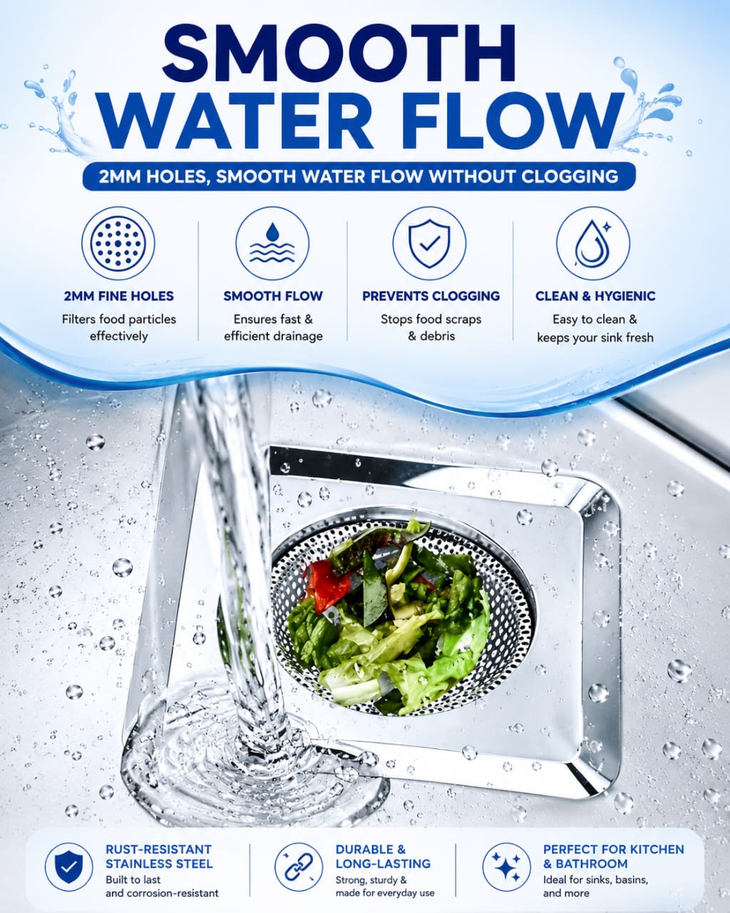 Spinfluencs Square Stainless Steel Sink Strainer Kitchen Drain Basin Basket Filter