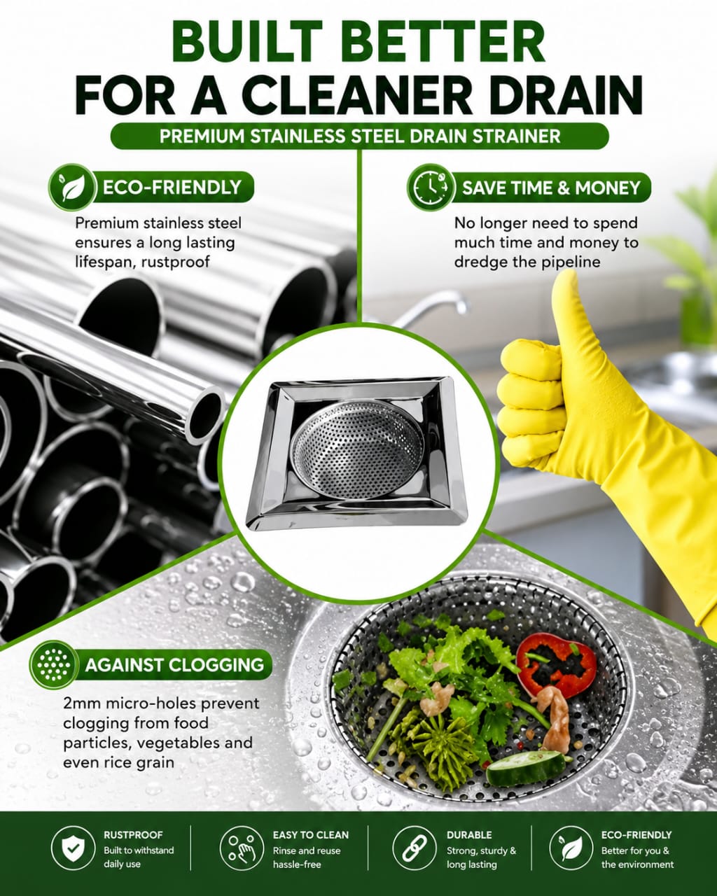 Spinfluencs Square Stainless Steel Sink Strainer Kitchen Drain Basin Basket Filter