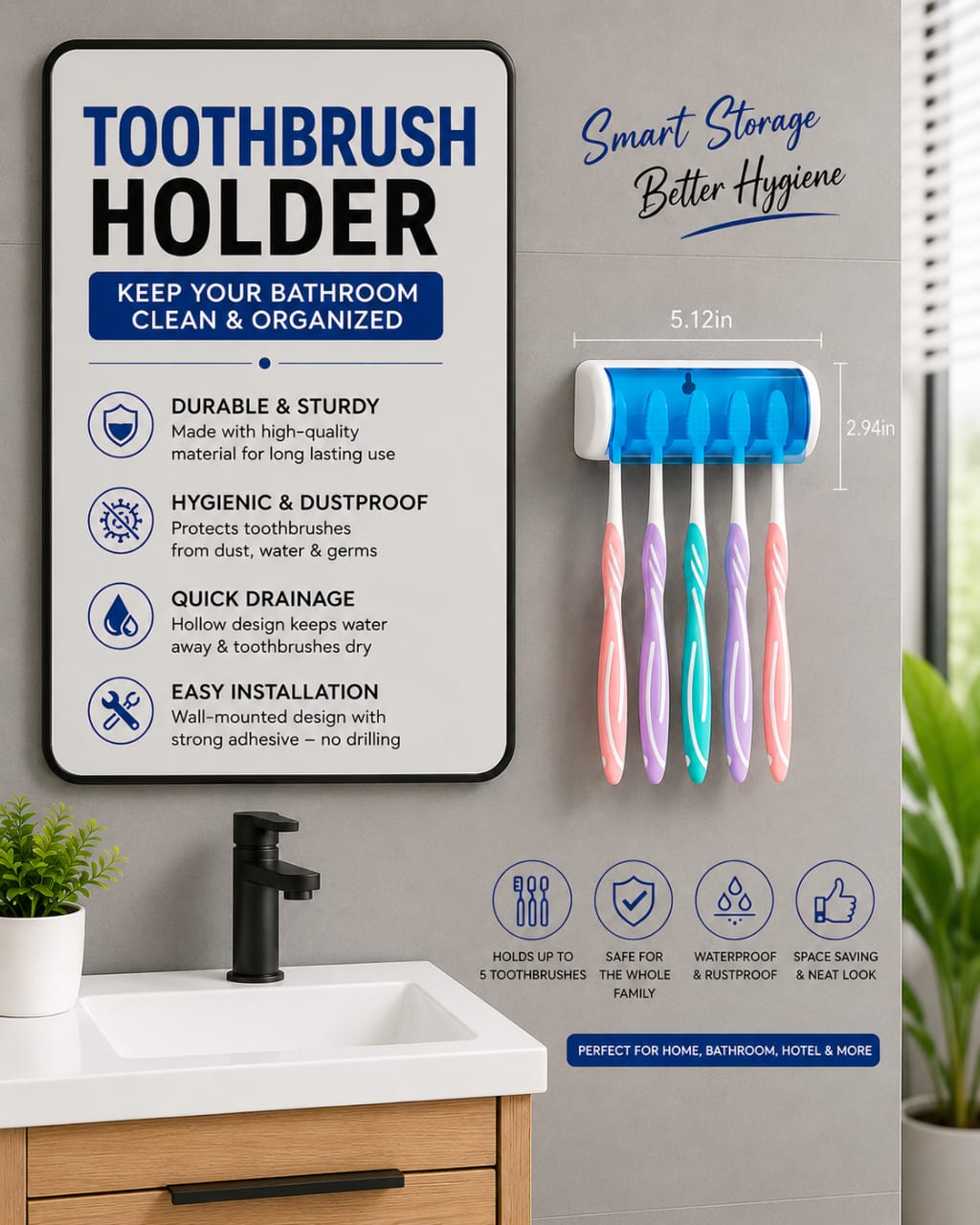 Smart Toothbrush holder 5 compartment slot holder Wall holder